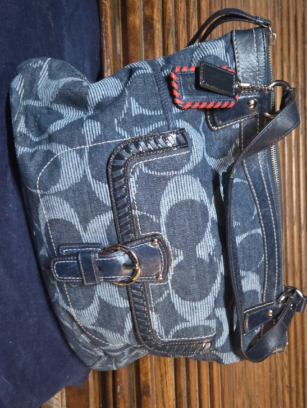 Coach Denim Signature Logo Hobo Bag with Navy and Red Accent